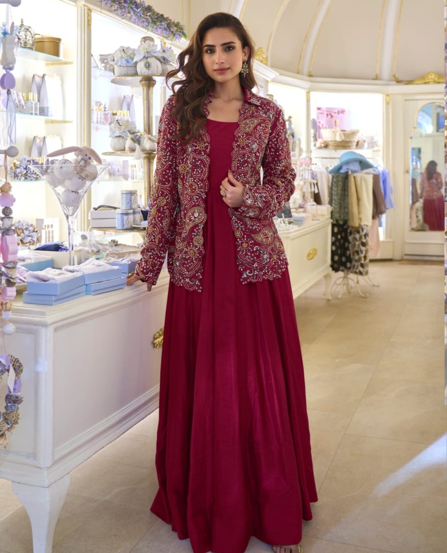 RED - Embroidered Work Silk Designer Gown In Maroon